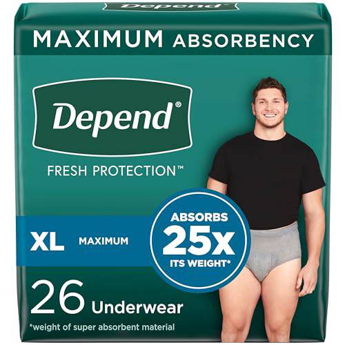 Depend Fresh Protection Adult Incontinence Underwear for Men (Formerly Depend Fit-Flex), Disposable, Maximum, Extra-Large, Grey, 26 Count