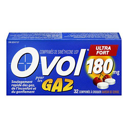 Ovol Extra Strength, Cherry Flavour Chewable Tablets, Gas Pain, Pressure, and Bloating Relief, 180mg, 32 Count