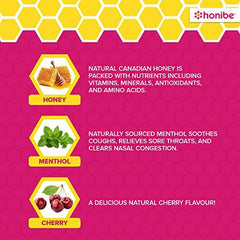 Honibe 100% Pure Honey Lozenges, Made in Canada, Soothes Sore Throat, with Menthol, 1 pack (10 lozenges),Natural Cherry