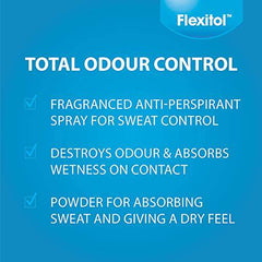 Flexitol Foot Odour Powder Spray | Triple Action Formula - Neutralizes Odour, Absorbs Sweat & Cools | 12 Hour Protection |143g