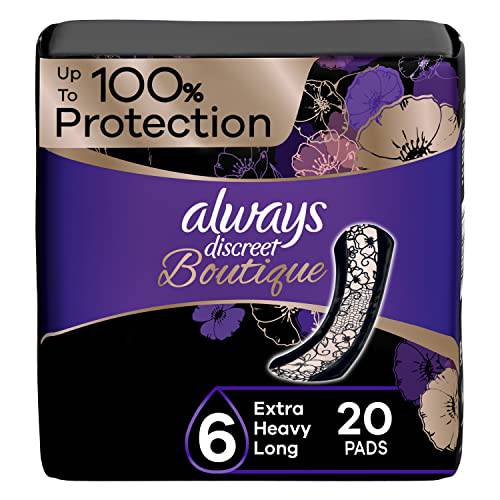 Always Discreet Boutique, Incontinence & Postpartum Pads For Women, Size 6 Drops, Extra Heavy Long Absorbency, 20 Count