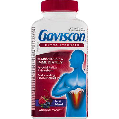 Gaviscon Extra Strength Tablets - 60 Count - Chewable Foaming Antacid Tablets for Day and Night Heartburn Relief, Acid Reflux and GERD Relief, Fruit Blend - Free of Aluminum, Lactose and Gluten