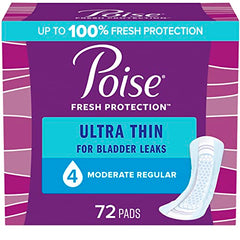 Poise Ultra Thin Incontinence Pads & Postpartum Incontinence Pads, 4 Drop Moderate Absorbency, Regular Length, 72 Count (4 Packs of 18)