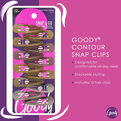 Goody Metal Contour Snap Clips - 12 Count, Assorted Colors - Just Snap Into Place - Suitable For All Hair Types - Pain-Free Hair Accessories For Women and Girls - All Day Comfort