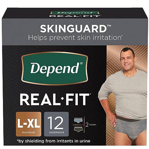 Depend Real Fit Adult Incontinence Underwear for Men, Maximum Absorbency, Large/Extra-Large, Black & Grey, 12 Count