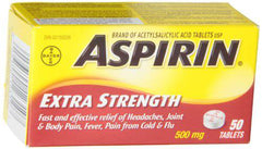 ASPIRIN Extra Strength 500mg, Fast & Effective Relief of Migraines, Headaches, Joint & Body Pain, Fever, Pain from Cold & Flu, 50 Tablets