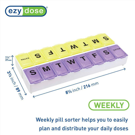 EZY DOSE Weekly (14-Day) Pill Organizer, Vitamin and Medicine Box, Large Snap Compartments, Color May Vary