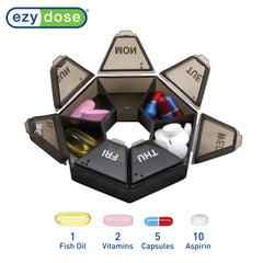 EZY DOSE Weekly Pill Organizer and Planner, Travel Pill Planner, 7-Sided, Black