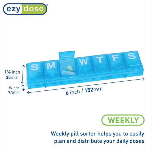 EZY DOSE Weekly (7-Day) Pill, Medicine, Vitamin Organizer Box, Large Locking Compartments to Secure Prescription Medication and Prevent Accidental Spilling, Blue