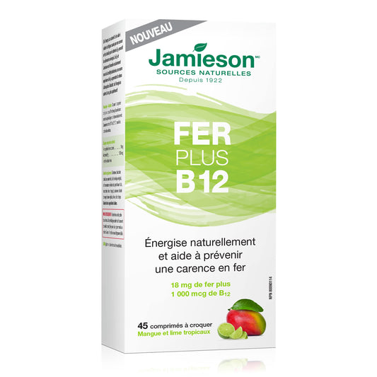 Jamieson Iron plus Vitamin B12 Chewable - 18 mg Iron with 1,000 mcg Vitamin B12, Tropical Mango Lime Flavour (Packaging May Vary)