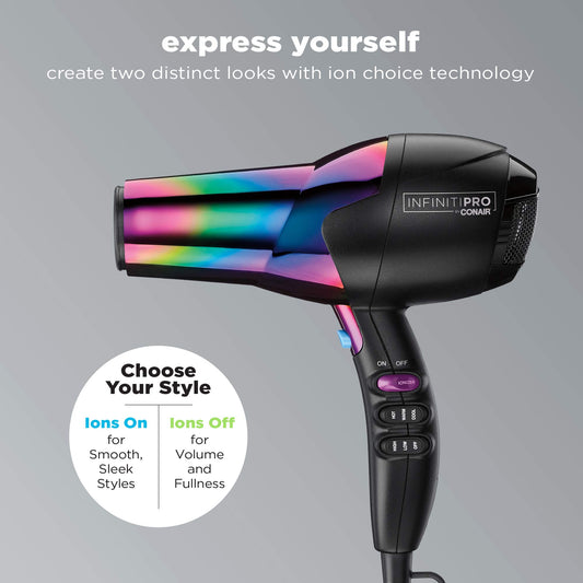 Conair INFINITIPRO 1875 Watt Ion Choice Hair Dryer, Rainbow Chrome Finish, Full Size