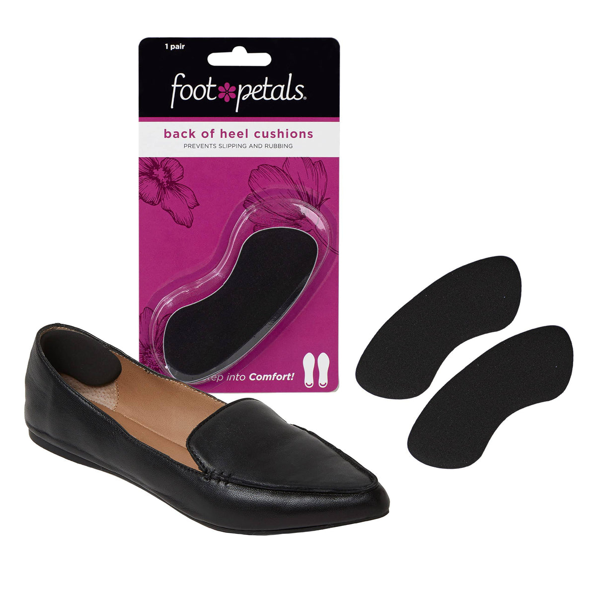 Foot Petals Women's Rounded Back Cushion Inserts Protectors, Comfortable Heel Grip for Pain Relief and Sizing, Black, One