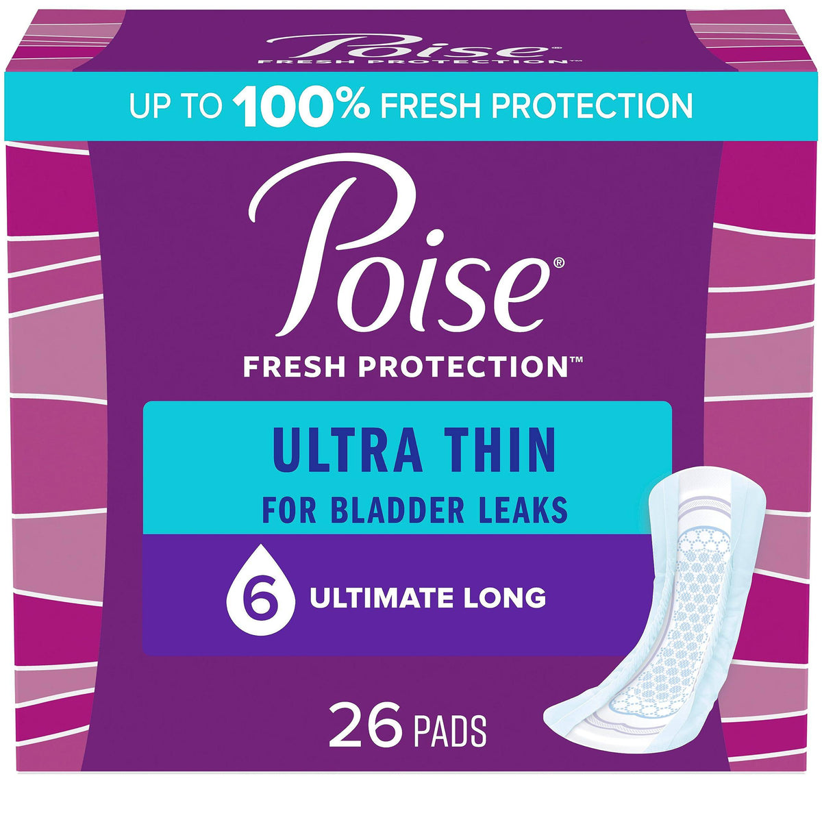 Poise Ultra Thin Incontinence Pads & Postpartum Incontinence Pads, 6 Drop Ultimate Absorbency, Long Length, 26 Count