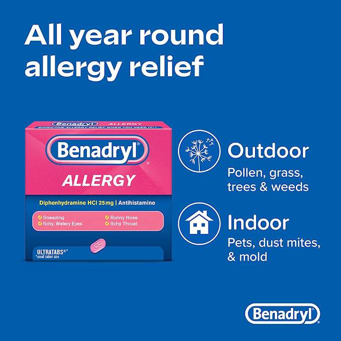 Benadryl Ultratabs Antihistamine Allergy Medicine, Diphenhydramine HCl Tablets, 48 ct - Zecoya